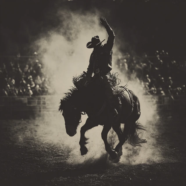 Rodeo Cowboy on Bronc Epic Black and White Photo