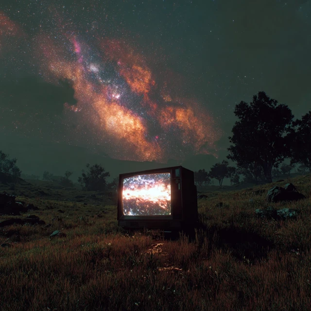 Cosmic Galaxy TV on Meadow Landscape Illustration