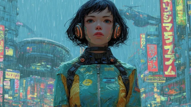 Cyberpunk Cyborg in Rain Drenched City