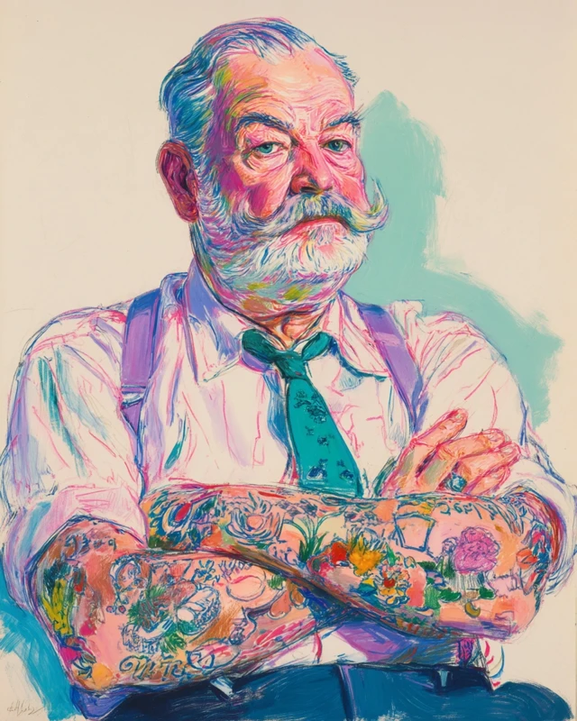 Ernest Hemingway Tattoo Portrait by Wayne Thiebaud