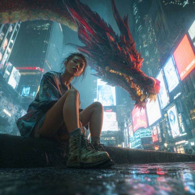 Cyberpunk Woman and Dragon Night Scene