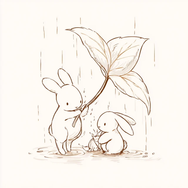 Bunny Shelter Rainy Day Illustration
