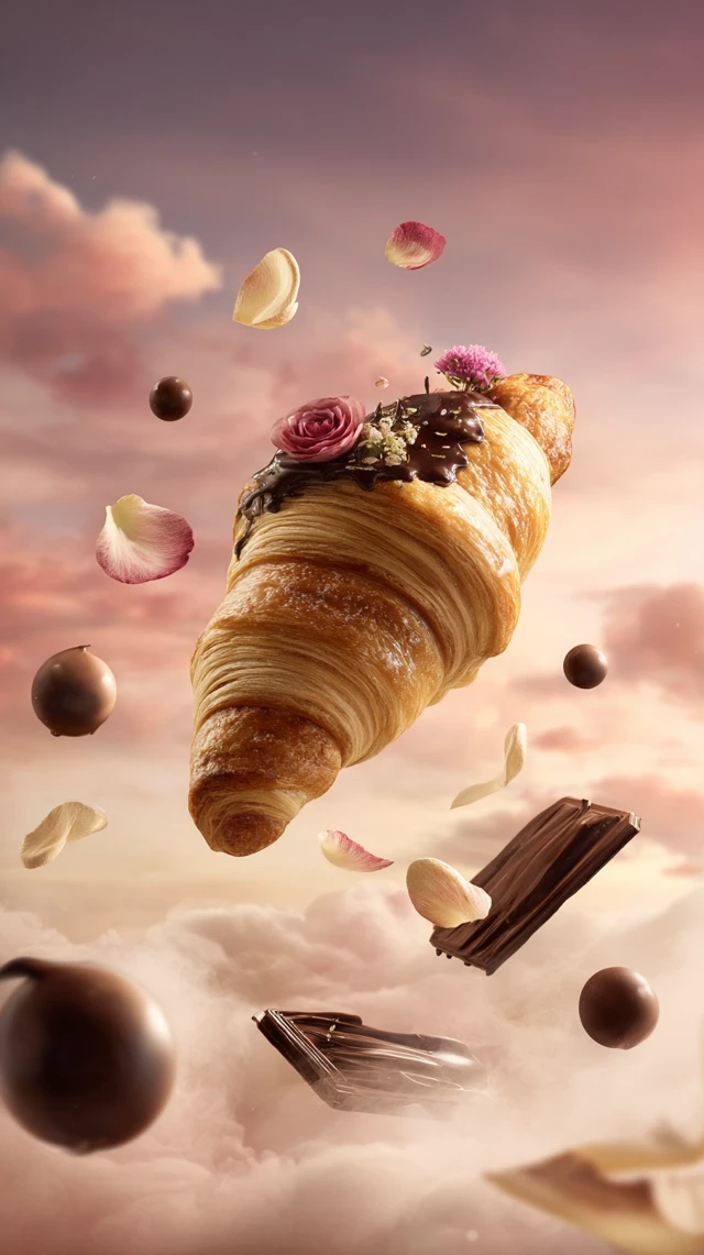 Magical Croissant Art: Roses, Chocolate, and Clouds