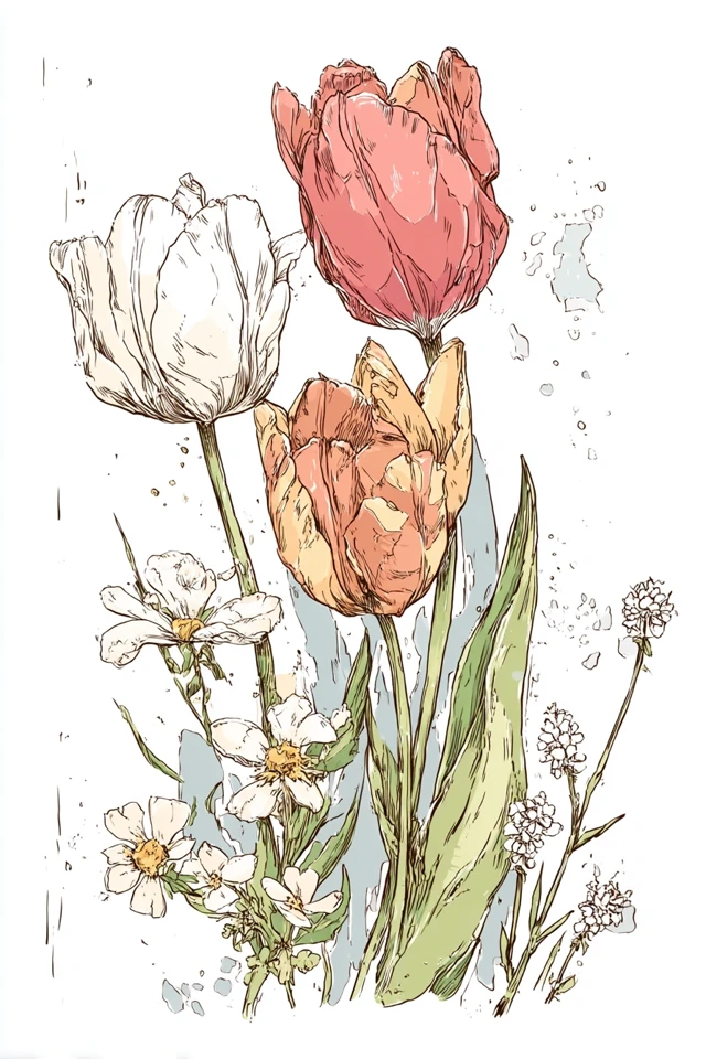 Vintage Floral Illustration Tulip Wildflower Design