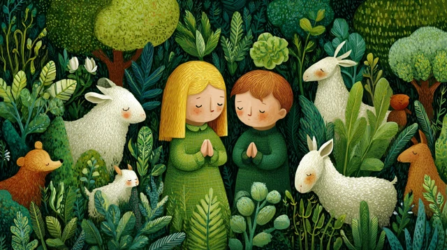 Children and Animals in a Forest Naive Art