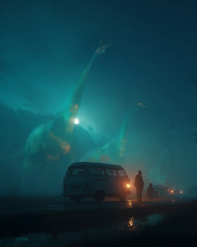 Surreal Night Scene: Glowing Dinosaurs and Vintage Van