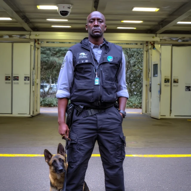 Security Guard with K9 German Shepherd at Entrance