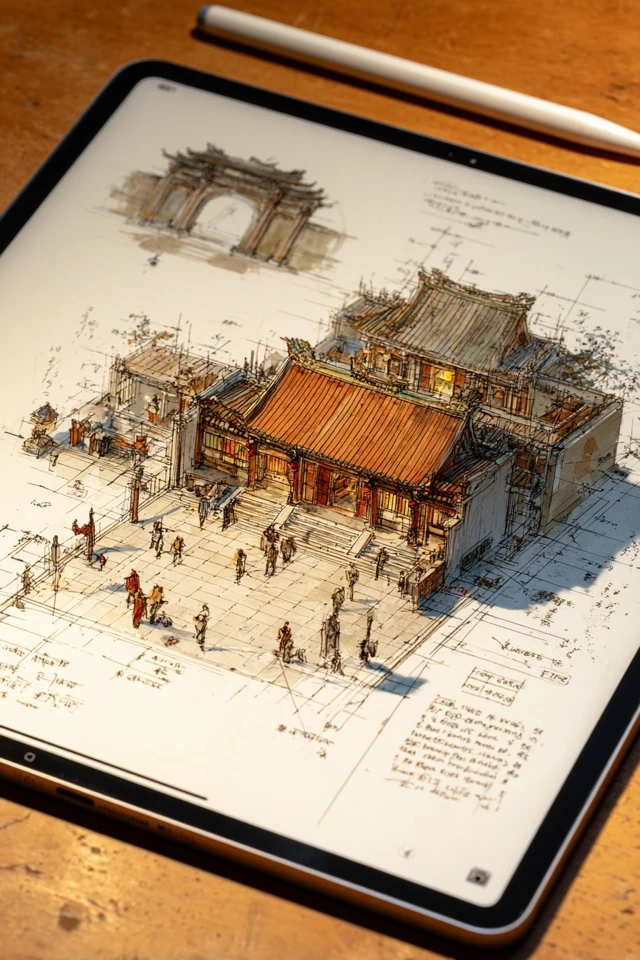 Hong Kong Temple Architectural Sketch on iPad Pro