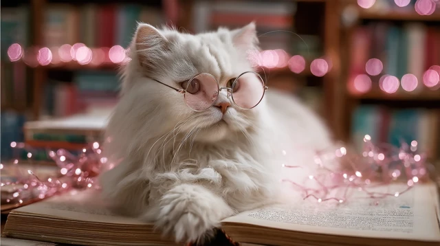 Cozy Cat Reading A Book With Glasses And Fairy Lights