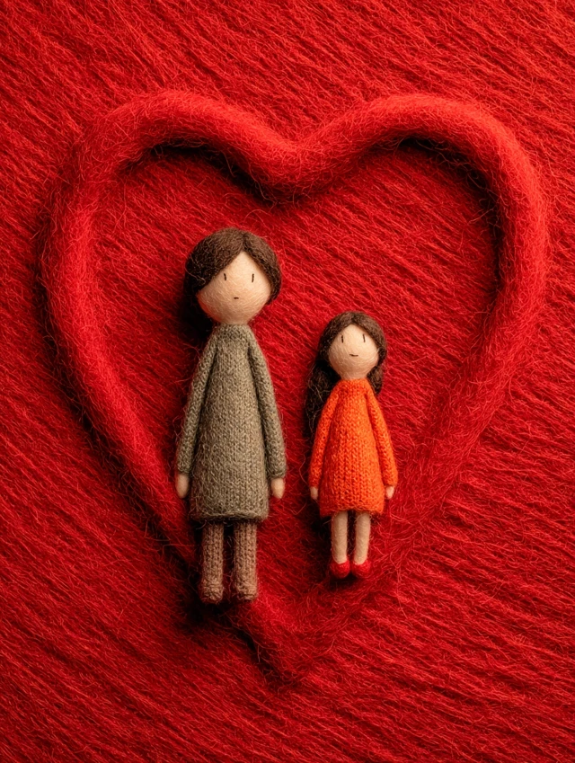 Mother and Daughter Dolls in a Wool Heart