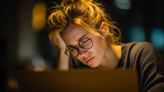 Exhausted Woman After Work Laptop Close Stock Photo