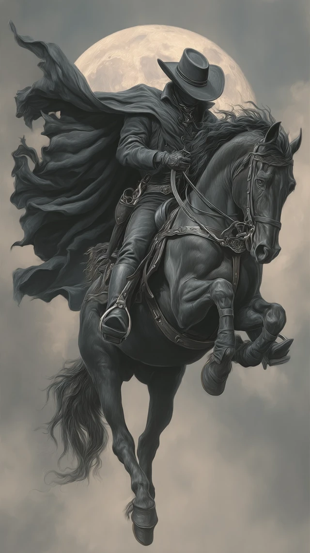 Zorro on Stallion Under Full Moon Illustration