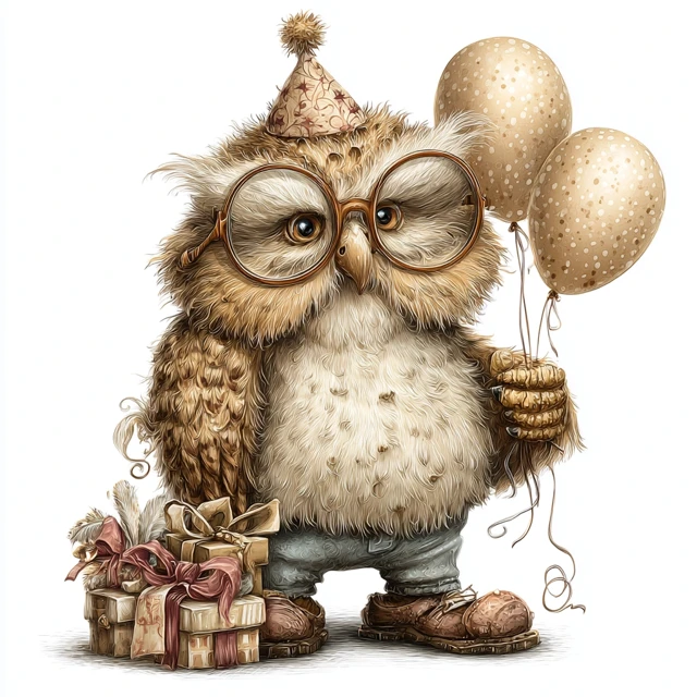 Funny Cartoon Owl Birthday Illustration