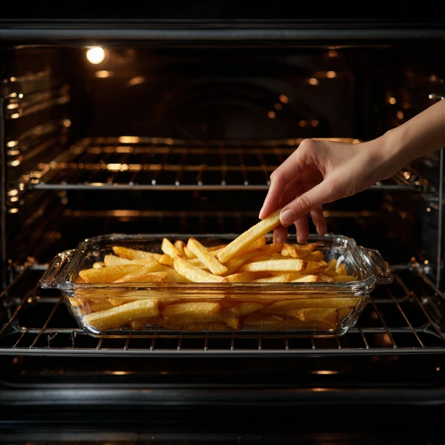 Oven Fries Ready Hand Placing Fries in Oven Realistic Photo