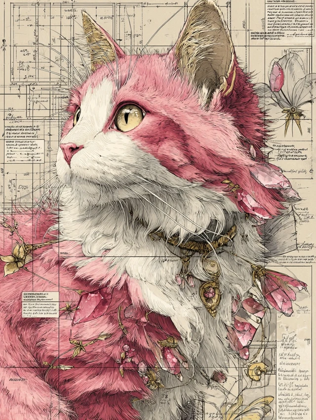 Pink Cat Anatomical Illustration Da Vinci Style
