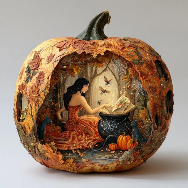 Halloween Pumpkin Witch and Cat Scene Art