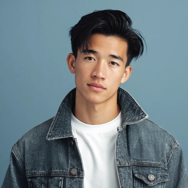 Handsome Asian Male in Denim Jacket Portrait