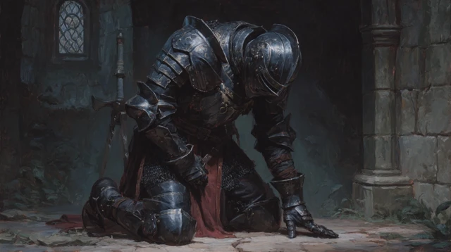Tired Knight in a Dark Dungeon Oil Painting