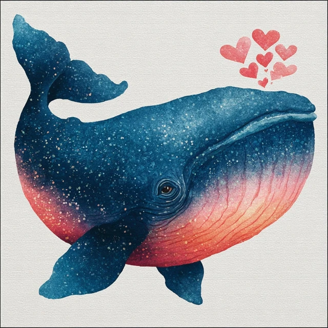 Cute Watercolor Whale Blowing Hearts Illustration