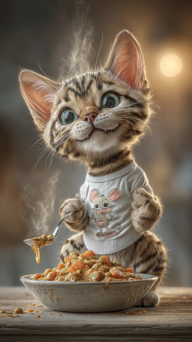 Bengal Kitten Eating Curry: Hyperrealistic Portrait