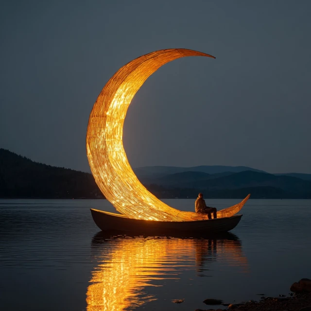 Giant Illuminated Moon Sculpture on the Lake