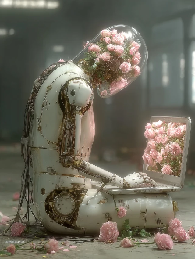 Robot Embraces Woman Surreal Cinematic Shot