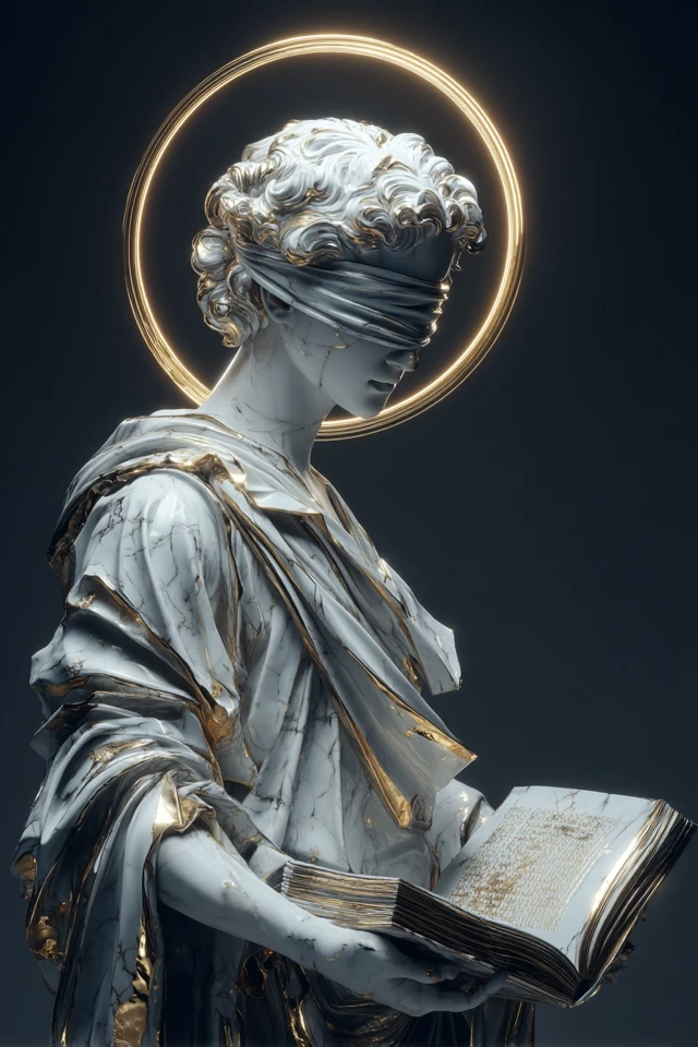 3D Statue of Wisdom: Blindfolded Figure with Halo