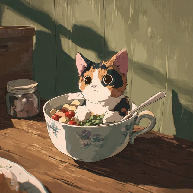 Torti Cat in Studio Ghibli Eating Lunchables