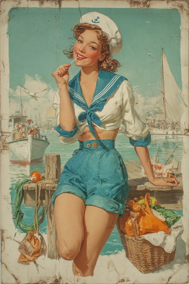 Vintage Sailor Girl Fishing Lollipop Dock Scene Art