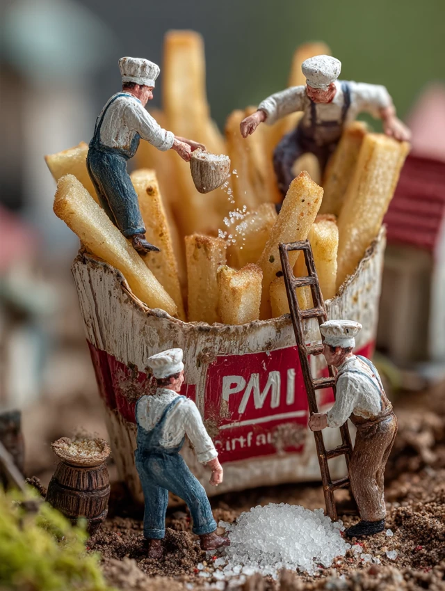 Miniature French Fries Scene Chefs Adding Salt