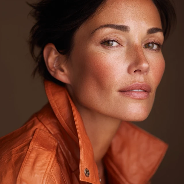 Model with Natural Skin and Orange Leather Jacket