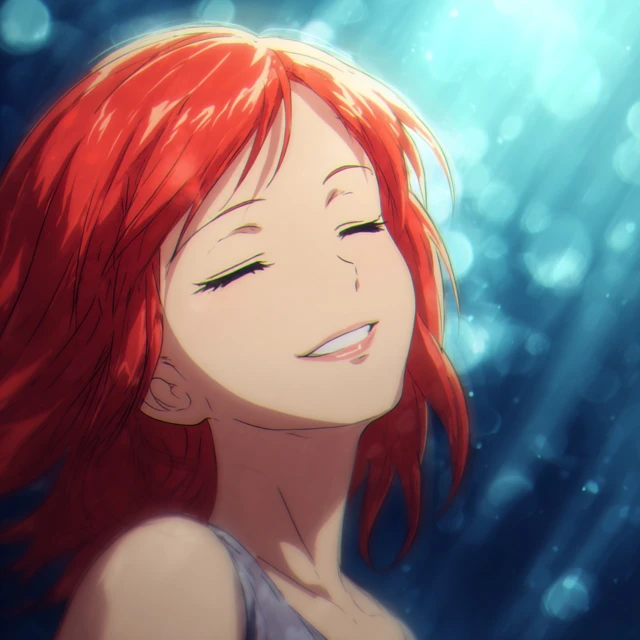 Anime Woman with Red Hair Peaceful Smile Illustration