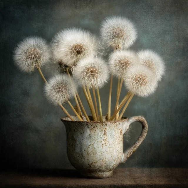 Fluffy Dandelions in Distressed Cup
