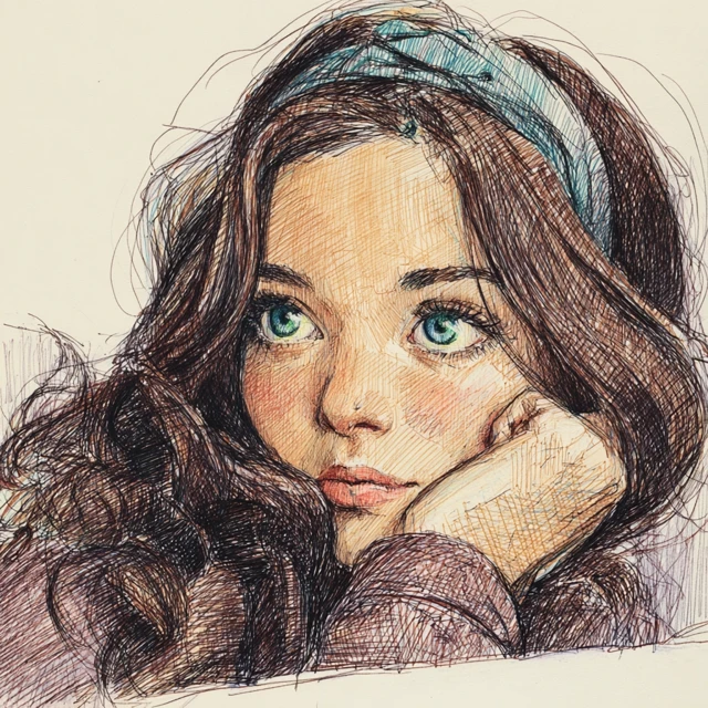 Girl Portrait Colored Pencil Sketch Hand Drawn Art