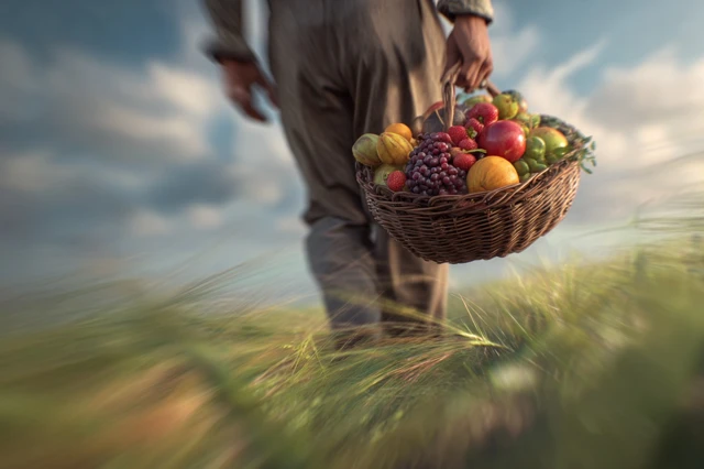Man with Fruit Basket in Field Hyperrealistic