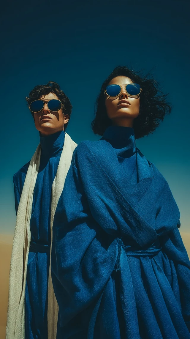 Fashion Editorial Desert in Klein Blue Couture Style