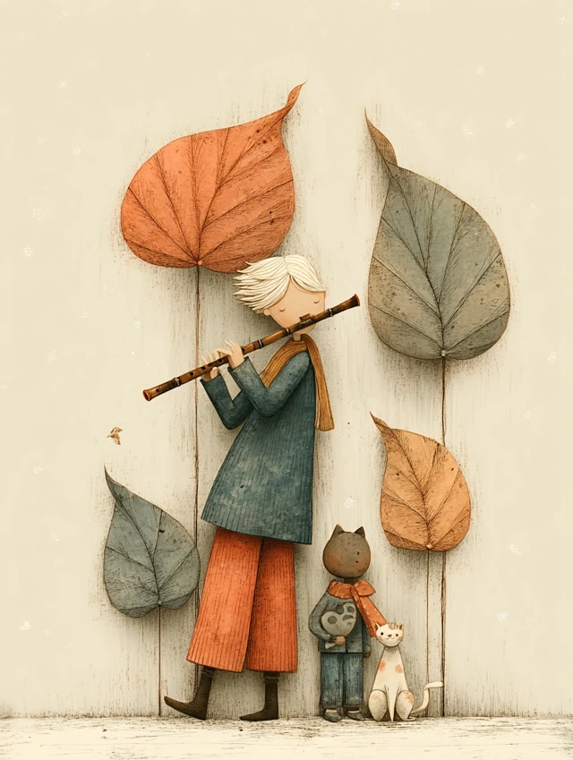 Chinese Flute Player with Cats Illustration