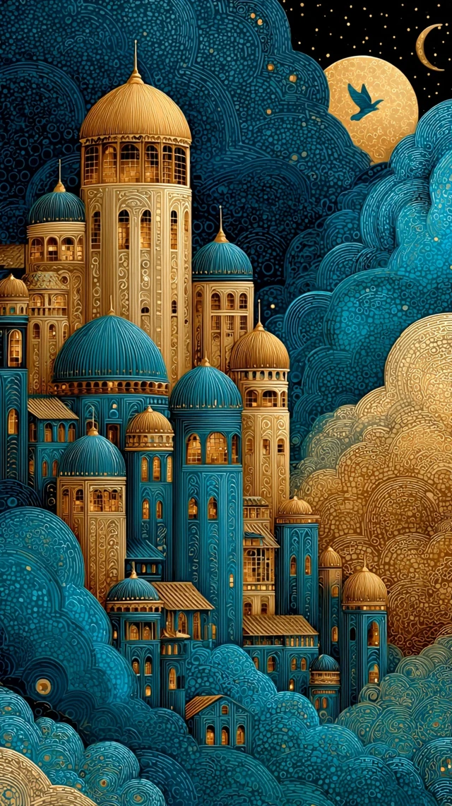 Magical Night Cityscape in Klimt Style