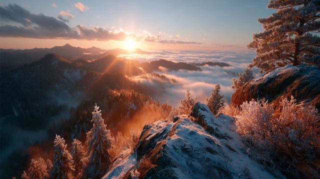 Sunrise Over Cloud Ocean Mountain Peak