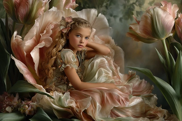 Girl in Tulip Fairytale Dream Delicate Soft Pastel