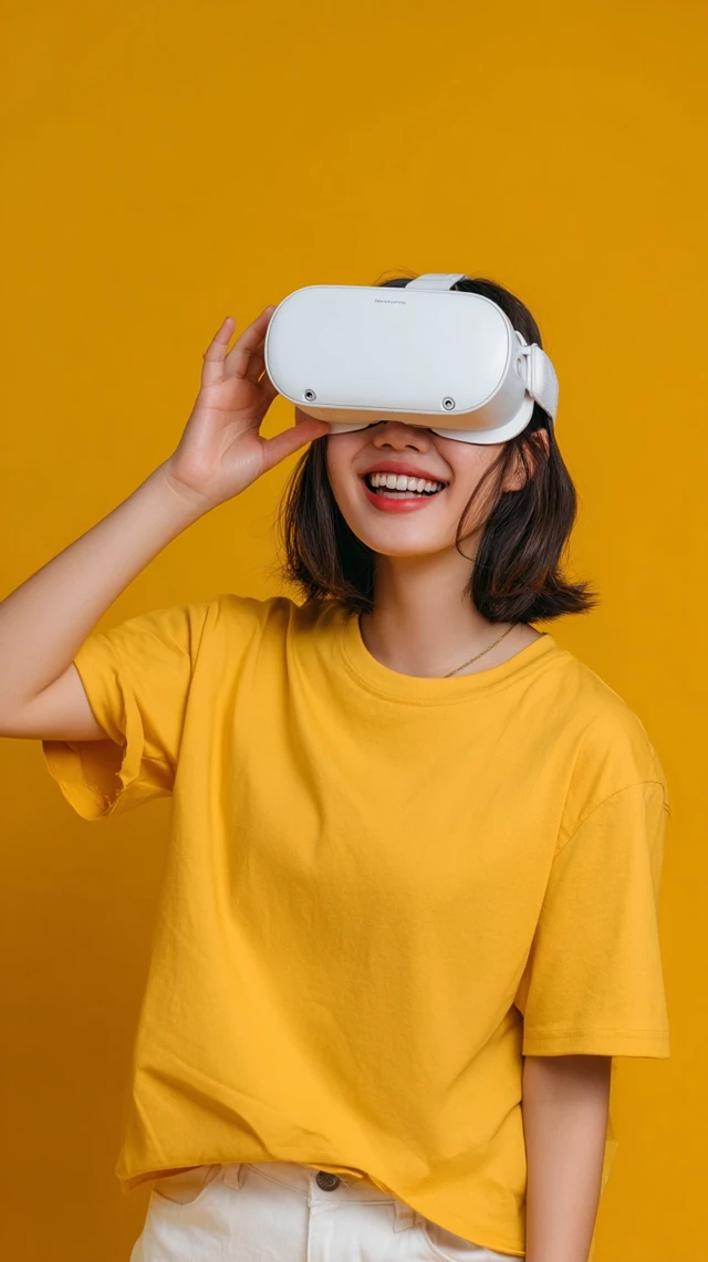 Asian Girl with VR Glasses Smiling