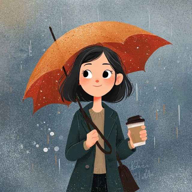 Rainy Day Illustration Woman with Umbrella and Coffee