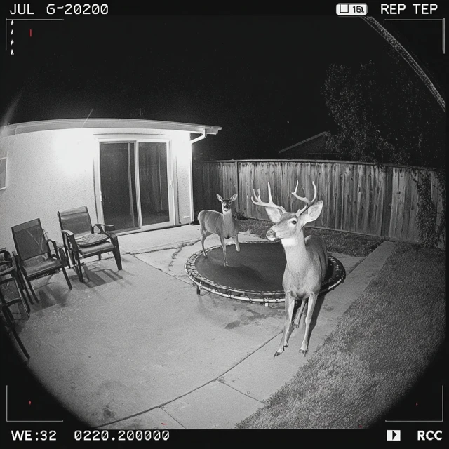 Deer on Trampoline Night Vision Backyard Security Cam Footage