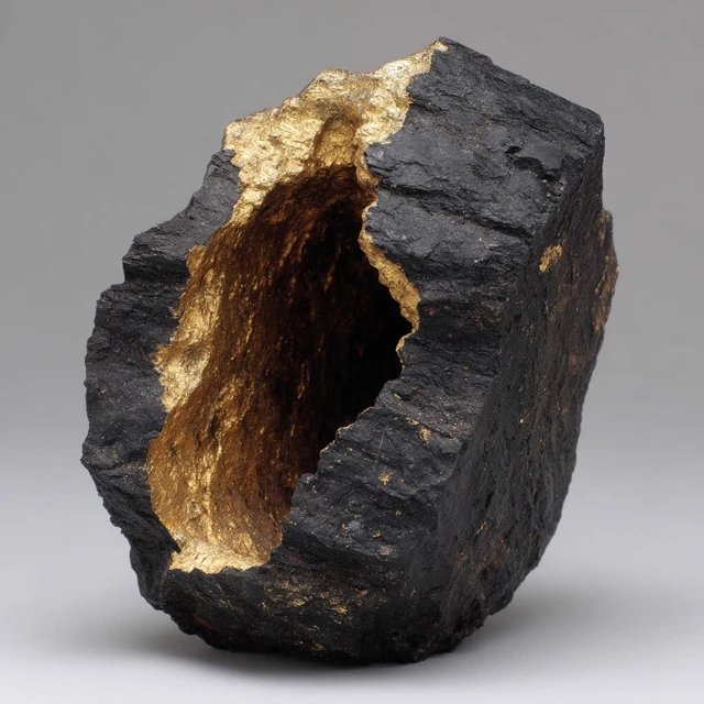 Abstract Sculpture Black Rock with Gold