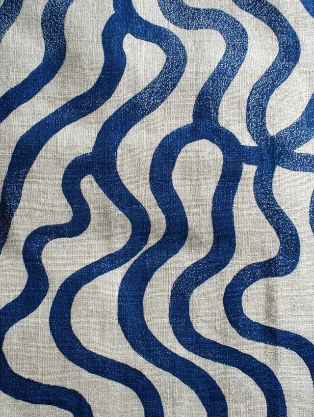 Linen Fabric with Wavy Blue Block Print Pattern