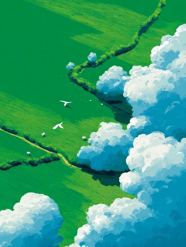 Grassland Aerial View Watercolor Painting