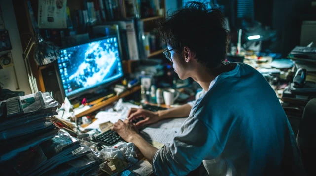 Japanese Man Working at Computer Dark Room