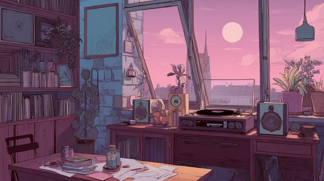 Cozy Room Anime Style Girl Working Laptop