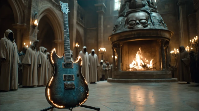 Burning Guitar in Church Eerie Dramatic Scene