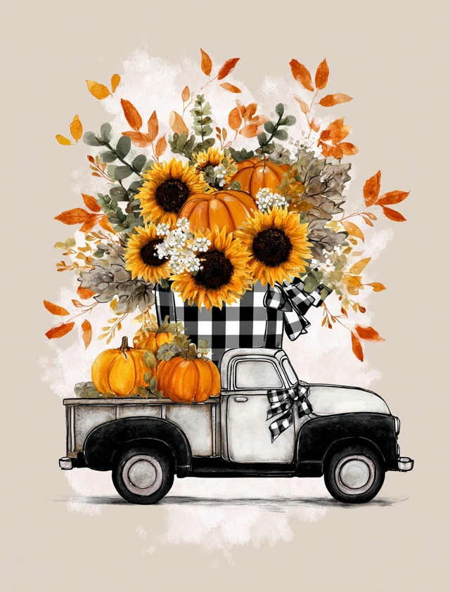 Fall Truck with Pumpkins and Sunflowers Watercolor